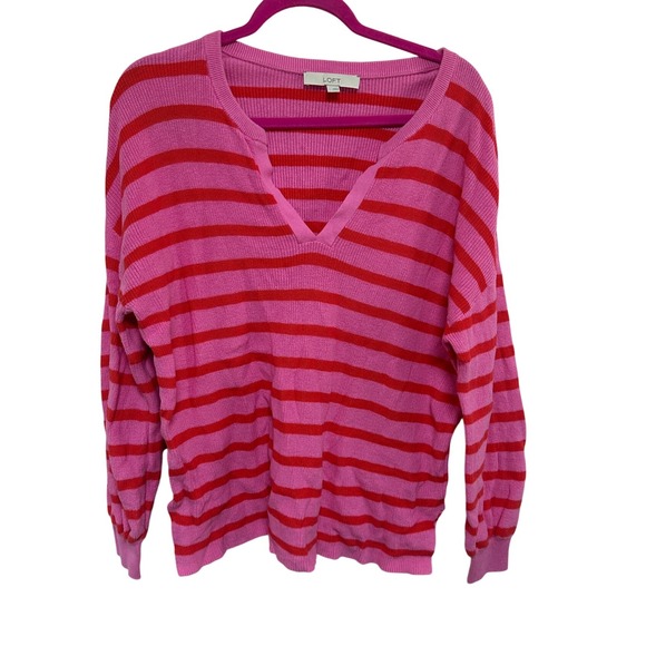 LOFT Women's Large Sweater Striped Pink Red Cotton Blend V-Neck Long Sleeve - Picture 1 of 4